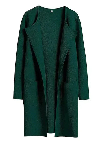 Damen-Cardigan grün, lang, offener Stil, Taschen, Strick, modisch, bequem, Herbstmode.