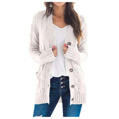 Damen Strickjacke beige, Zopfmuster, Knöpfe, lässig, Herbstmode, gemütlich, modisch.