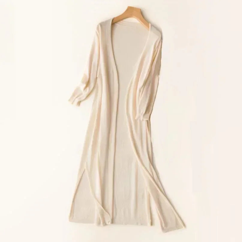 Langer Damen-Cardigan, beige, Strick, Sommer, UV-Schutz, modisch, leicht, elegant.