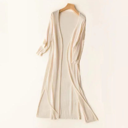 Langer Damen-Cardigan, beige, Strick, Sommer, UV-Schutz, modisch, leicht, elegant.