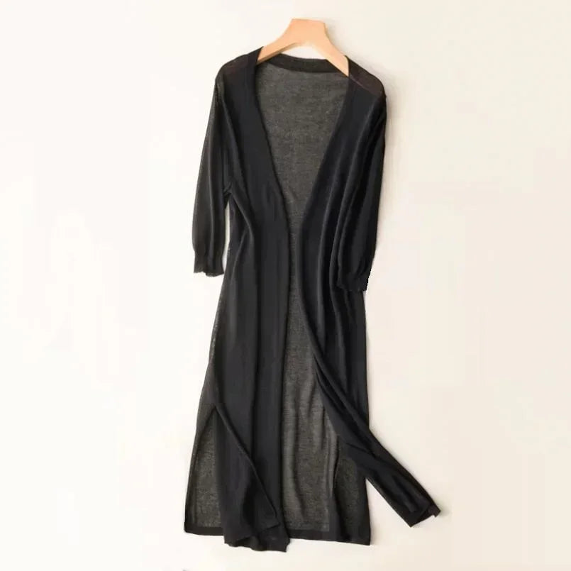 Schwarzer Damen-Strickcardigan, lang, leicht, ideal für Frühling und Sommer, Sonnenschutz.