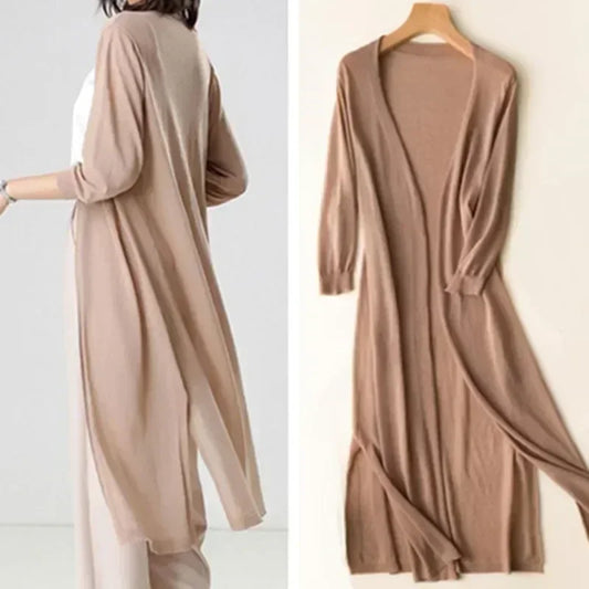 Damen Strickjacke lang beige, Sommermode, UV-Schutz, leichter Cardigan, eleganter Stil.