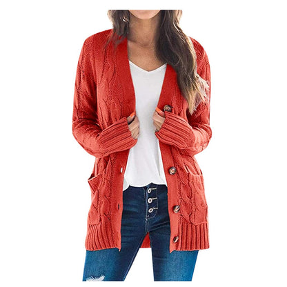 Damen Strickjacke rot, Zopfmuster, Knopfleiste, lässig, Herbstmode, Baumwolle, Langarm.