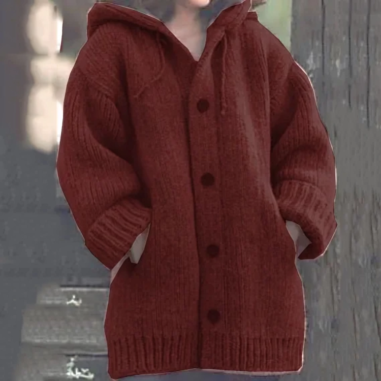 Roter Strick-Cardigan mit Kapuze, Knöpfen und Taschen, Damenmode, Herbst-Winter-Outfit.