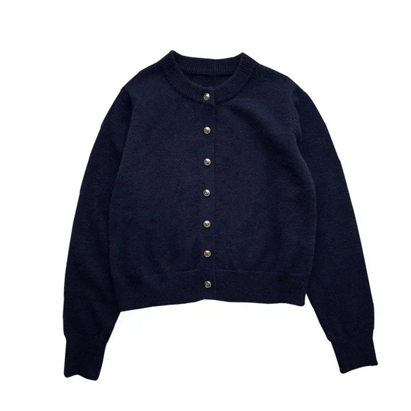 Damen Strickjacke 2023, dunkelblau, Rundhals, Knöpfe, lockerer Schnitt, Frühlingstrend.