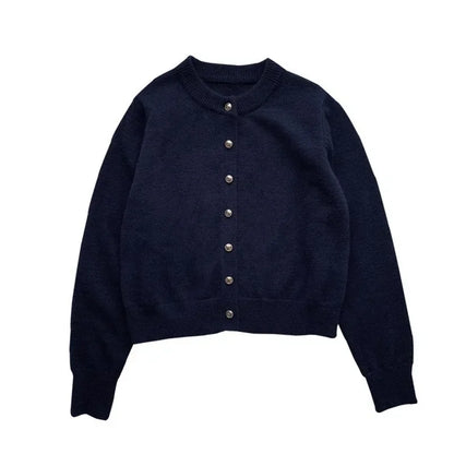 Damen Strickjacke 2023, dunkelblau, Rundhals, Knöpfe, lockerer Schnitt, Frühlingstrend.