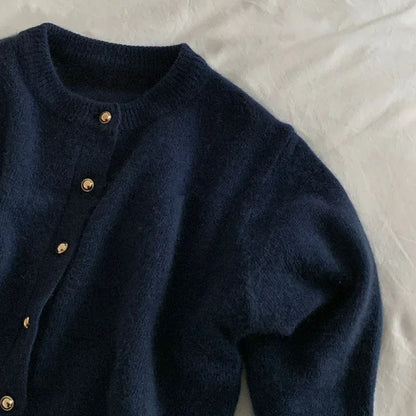 Damen Strickjacke, dunkelblau, Rundhals, Knöpfe, Frühling 2023, koreanischer Stil, locker.