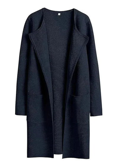 Damen Cardigan schwarz, lang, offener Schnitt, Taschen, Strickmode, elegant, Herbstbekleidung
