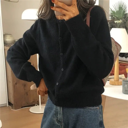 Damen Strickjacke Schwarz, O-Ausschnitt, Langarm, Knöpfe, Lässig, Frühling Herbst Mode.