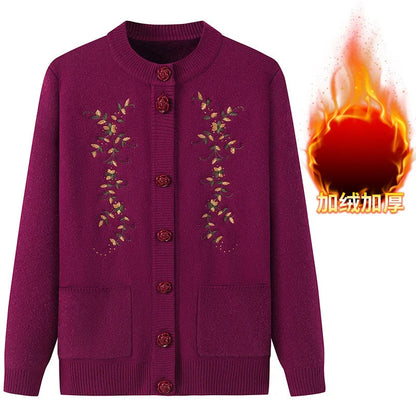Damen Strickjacke lila, Blumenmuster, Knöpfe, warm, Herbstmode, Baumwolle, elegant