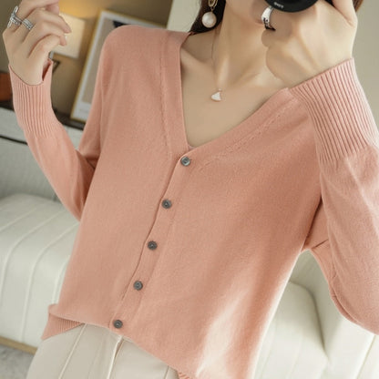 Damen Strickjacke rosa V-Ausschnitt Knöpfe elegant Herbstmode Baumwolle Langarm.