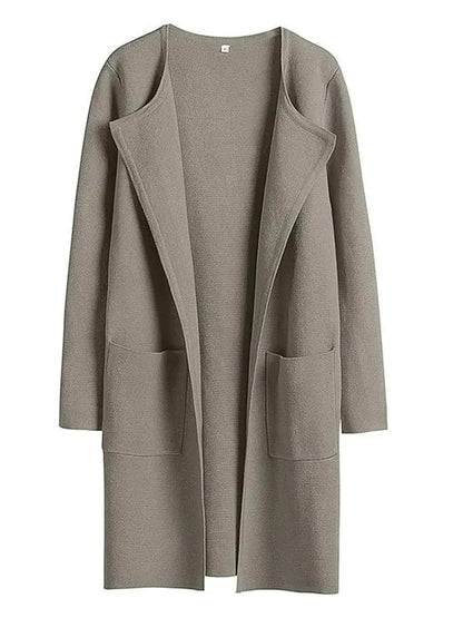 Damen Cardigan beige, offener Schnitt, Taschen, Strickmode, elegant, Herbstbekleidung.