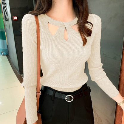 Damenpullover beige, Strick, Langarm, Cut-Out-Design, modisch, elegant, Herbstmode.