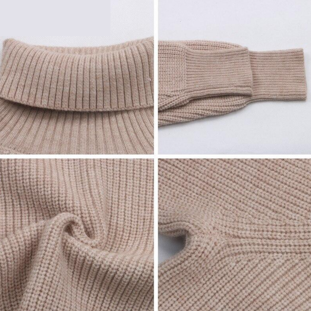 Beiger Rollkragenpullover aus Strick, Detailansicht, weiches Material, modisch und warm.