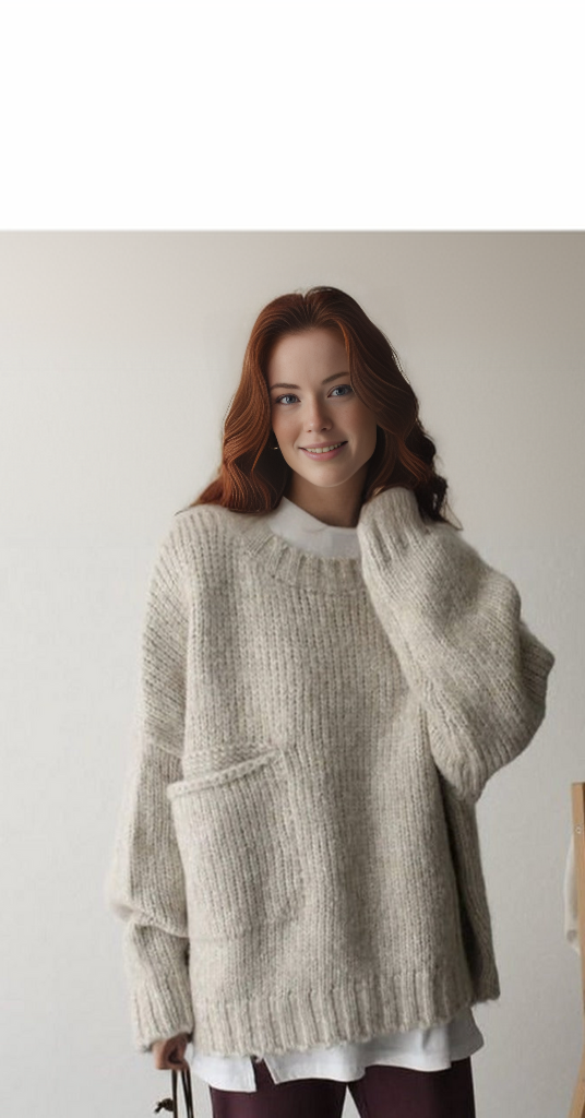 Damen Strickpullover beige, grob gestrickt, lässig, mit Tasche, Herbstmode, gemütlich.