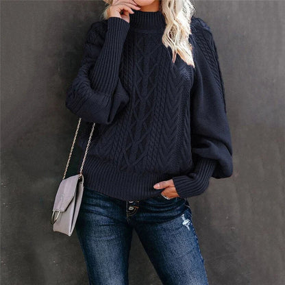 Damenpullover mit hohem Kragen, dunkelblau, Strick, modisch, warm, Herbstmode.