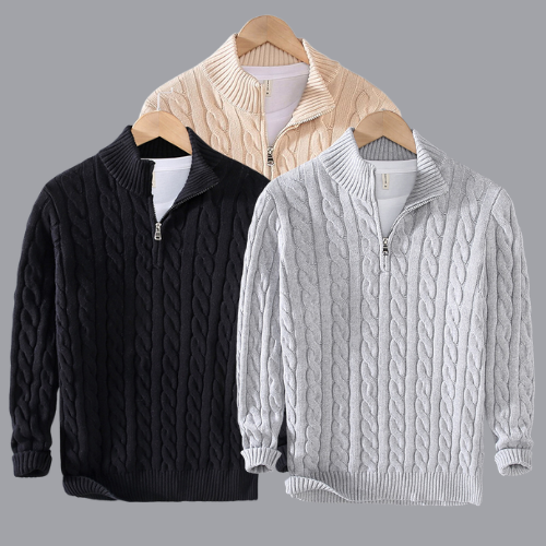 Drei Strickpullover mit Reißverschluss, schwarz, beige, grau, Herrenmode, Winterkleidung.