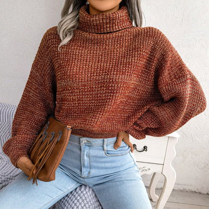 Frau in rotem Strickpullover, blaue Jeans, braune Tasche, Herbstmode, gemütlicher Look.