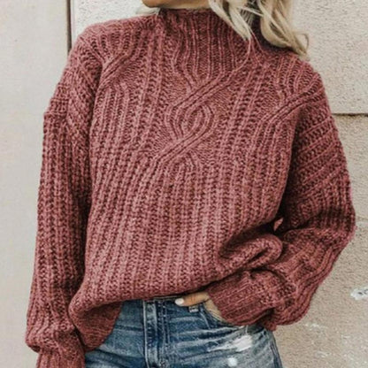 Roter Strickpullover Damen, Zopfmuster, Rollkragen, lässig, Herbstmode, gemütlich, warm.