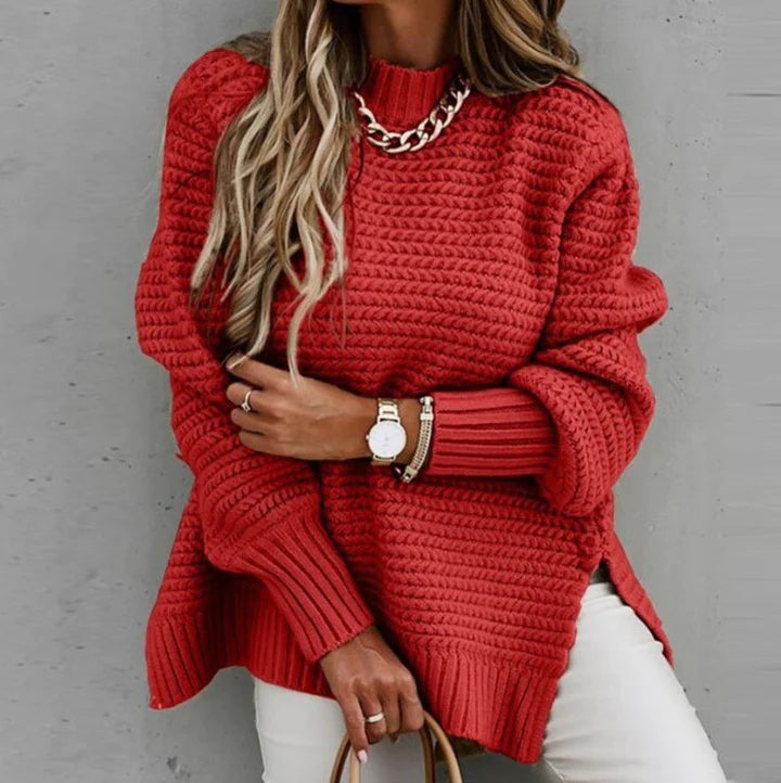 Damen roter Strickpullover, bequem, stilvoll, mit Kette, Herbstmode, Freizeitkleidung.
