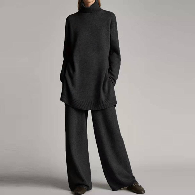Damen Pullover Set, dunkelgrau, Strick, Rollkragen, lässig, bequem, Herbstmode.