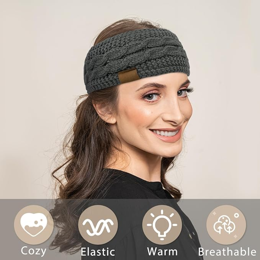 Dunkelgraues Strick-Stirnband, elastisch, warm, atmungsaktiv, ideal für kaltes Wetter.