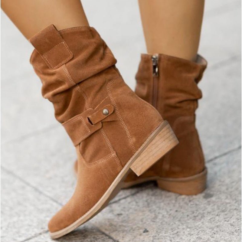 Braune Wildleder-Stiefeletten, Damen, modisch, bequem, mit Reißverschluss, Herbstschuhe.