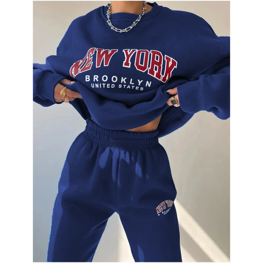 Dunkelblauer New York Brooklyn Trainingsanzug, Damenmode, lässig, Baumwolle, Kette, Streetwear.