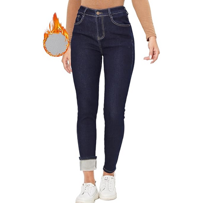 Damen Thermo-Jeans, dunkelblau, hohe Taille, warm, Wintermode, bequem, figurbetont.