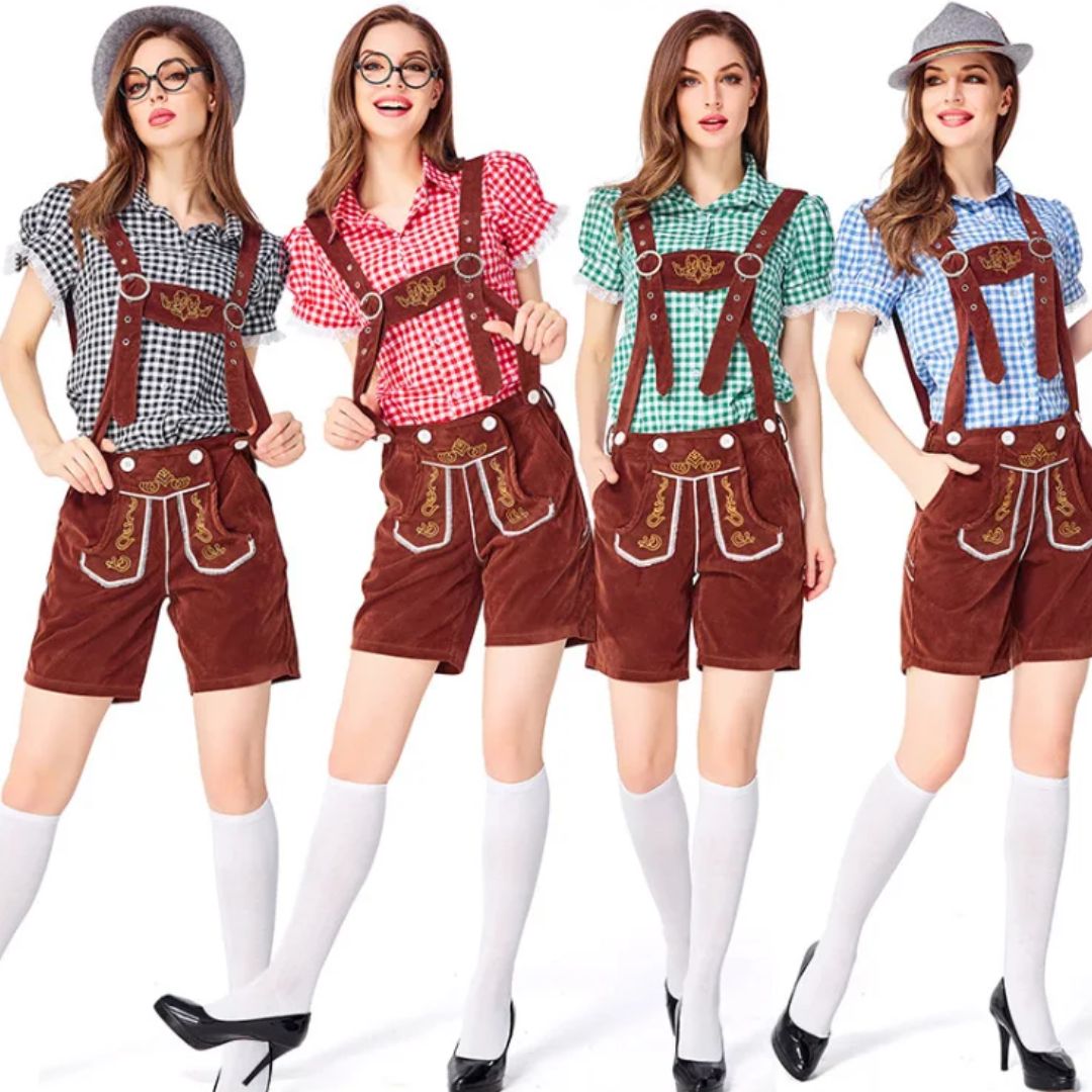 Frauen in bayerischen Trachten-Lederhosen, karierten Hemden, Hüten, Kniestrümpfen, Oktoberfest.
