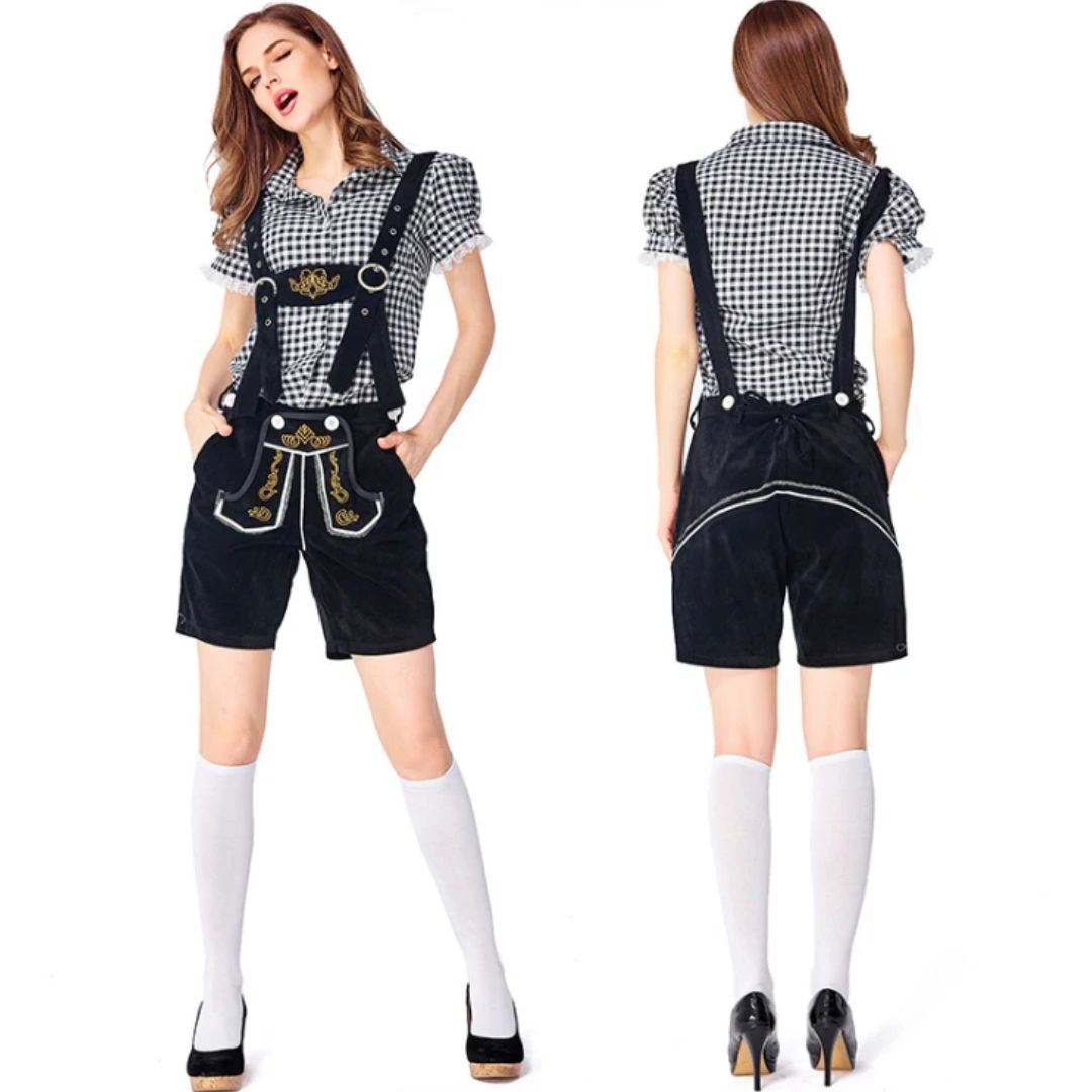 Damen Trachten-Lederhose schwarz, kariertes Hemd, Oktoberfest-Outfit, traditionell, elegant.