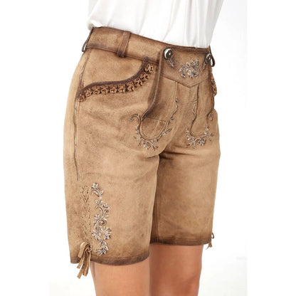 Damen Lederhose kurz, beige, Stickerei, Trachtenmode, Oktoberfest, traditionell, bayerisch.