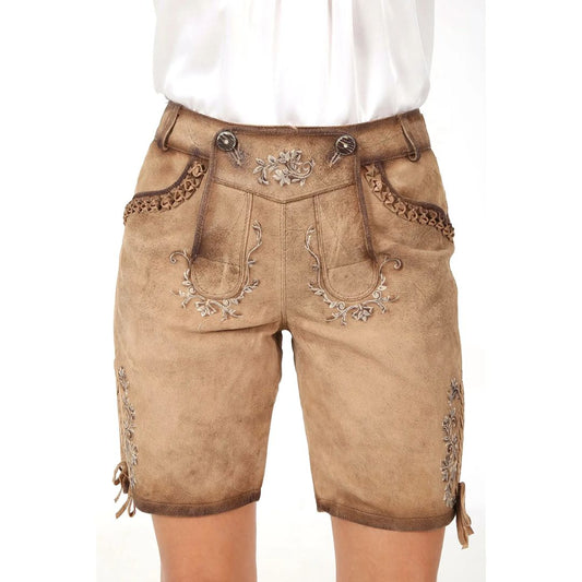 Damen Lederhose Braun, Stickerei, Trachtenmode, Oktoberfest, traditionell, Kniebundhose.