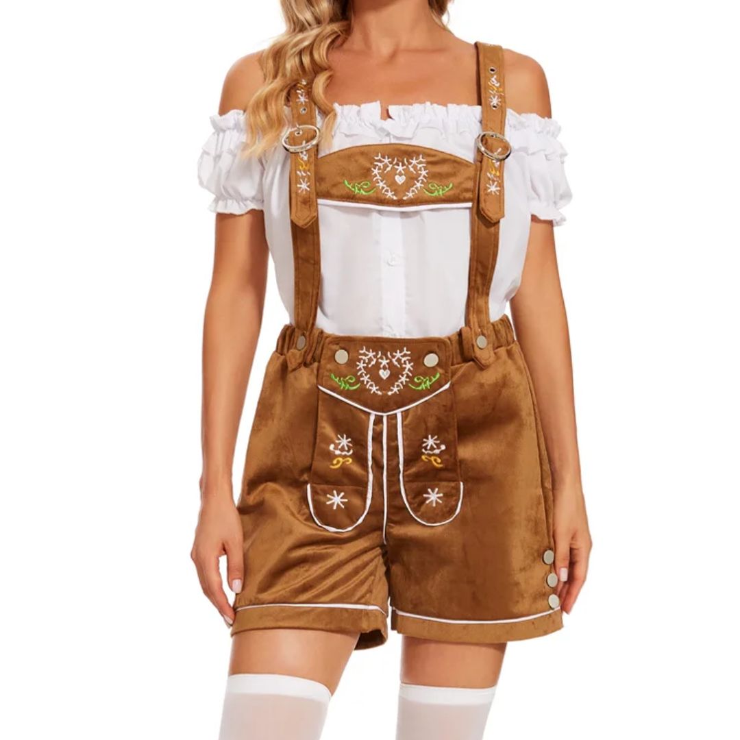 Damen Trachten-Lederhose braun, bestickt, mit Hosenträgern, Oktoberfest-Outfit, Baumwollbluse.