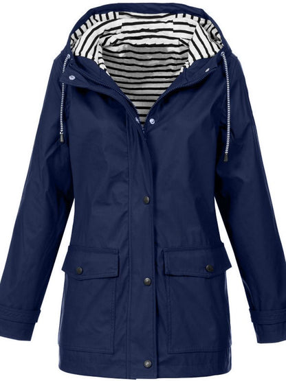 Damen-Trenchcoat 2023, blau, Kapuze, lange Ärmel, gestreiftes Futter, Herbstmode.