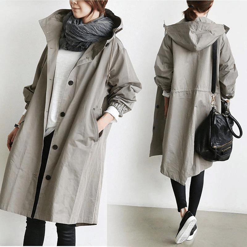 Damen Trenchcoat beige, Kapuze, Knöpfe, lässig, Herbstmode, Streetwear, stilvoll, bequem.