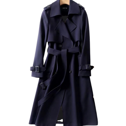 Dunkelblauer Trenchcoat für Damen, lang, mit Gürtel, klassisches Design, Herbstmode.