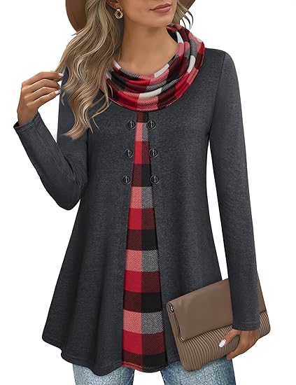Damen-Tunika mit Karomuster, grau-rot, Langarm, Knopfleiste, modisch, Herbstmode.