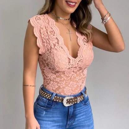 Damen V-Ausschnitt Spitze Top, rosa, ärmellos, figurbetont, lässig, modisch.