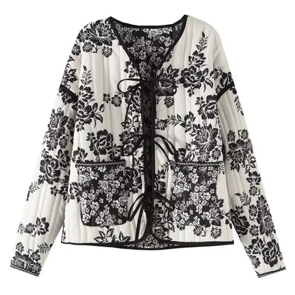 Schwarz-weiße Damenjacke mit Blumenmuster, Baumwolle, Patchwork, O-Neck, Herbstmode.