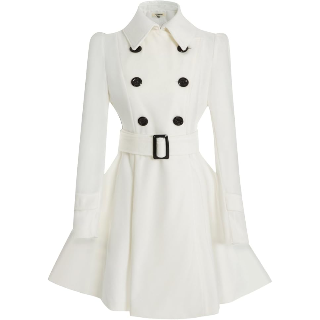 Weißer Damen-Trenchcoat, doppelte Knopfleiste, Gürtel, elegantes Design, Herbstmode.