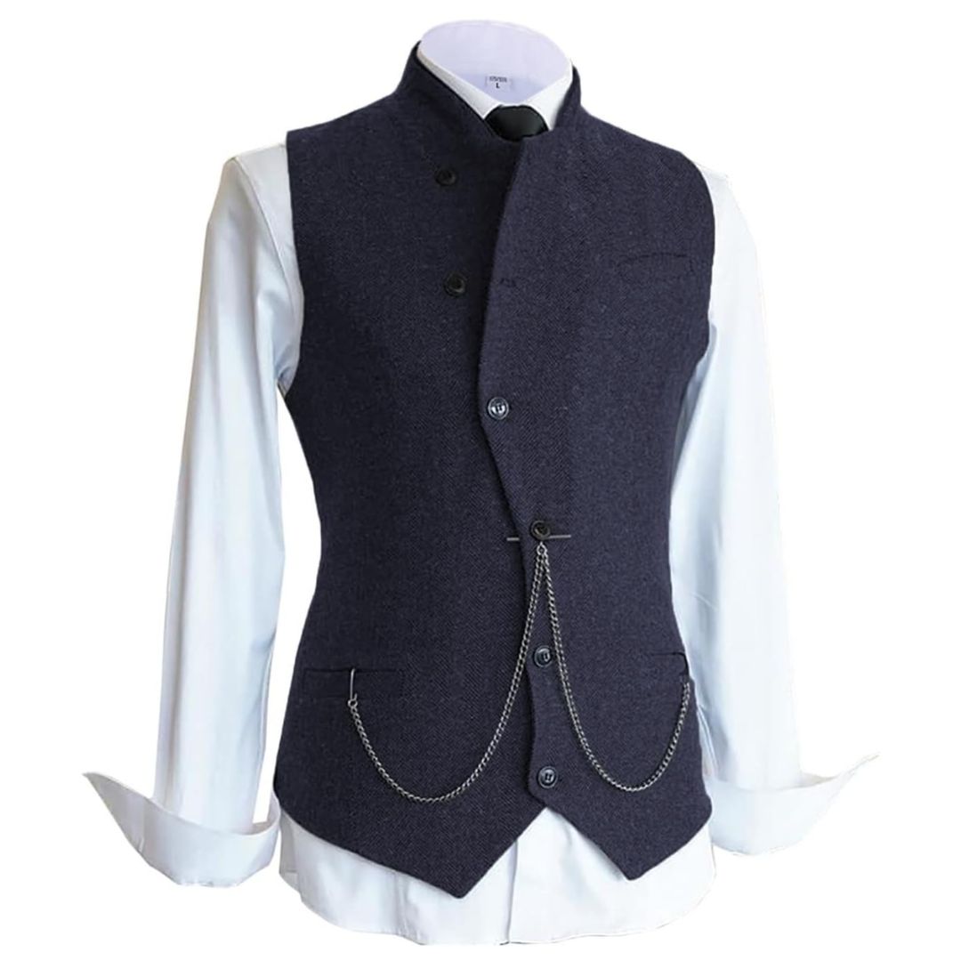Dunkelblau Herrenweste mit Kette, elegantes Design, ideal für formelle Anlässe, Baumwolle.