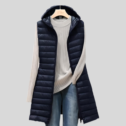 Damen Steppweste mit Kapuze, dunkelblau, ärmellos, modisch, Herbstmode, Fiona Fashion.