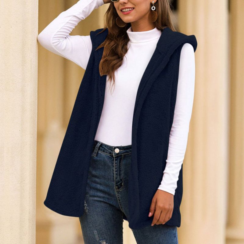 Damen Weste mit Kapuze, dunkelblau, ärmellos, lässig, Herbstmode, weiches Material.