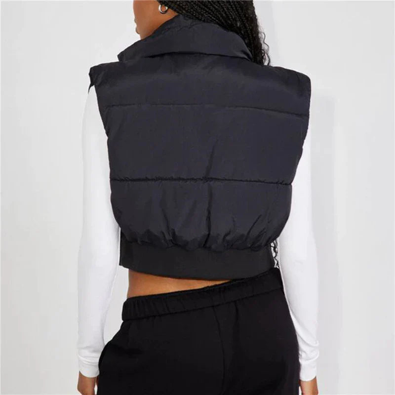 Schwarze Damen-Steppweste, ärmellos, modisch, warm, Herbst-Winter-Bekleidung.