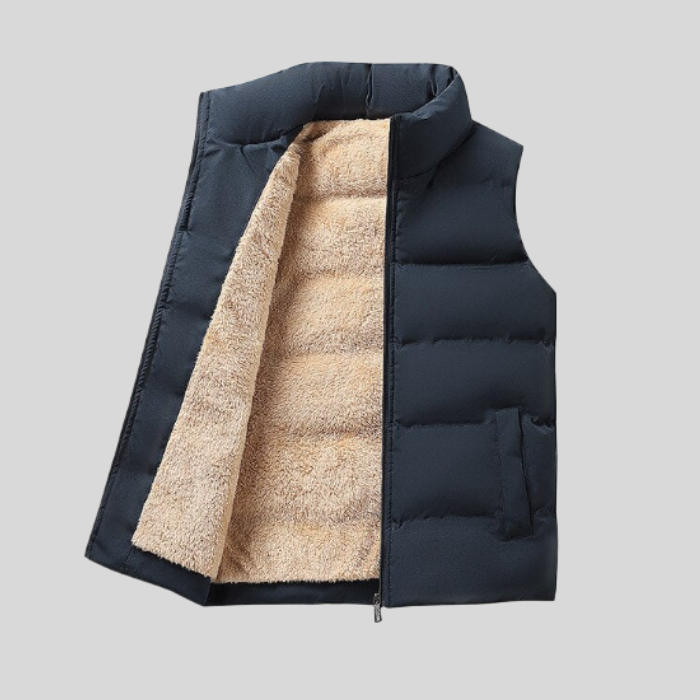 Schwarze Steppweste mit beigem Fleecefutter, ärmellos, Reißverschluss, modisch, warm.