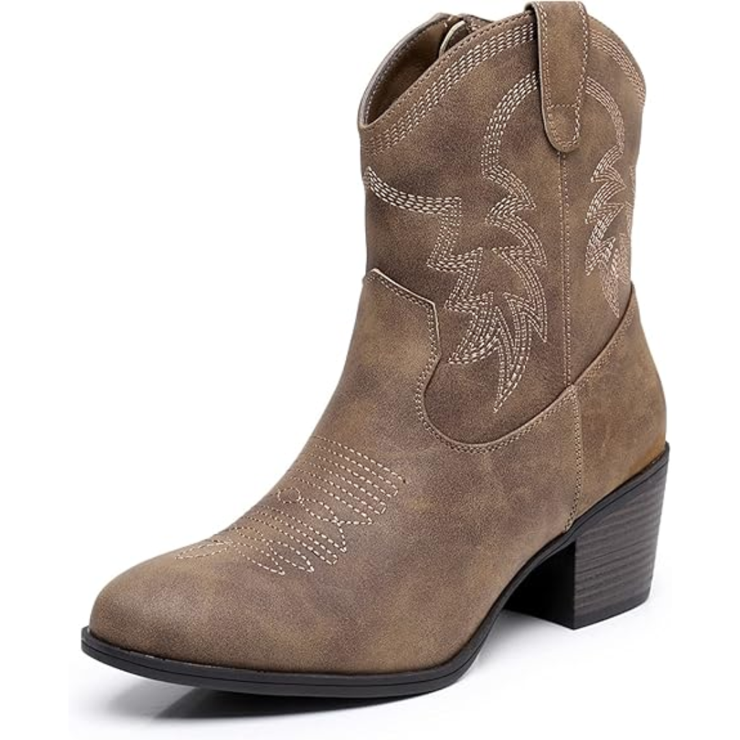 Brauner Cowboy-Stiefel aus Leder mit Absatz, Western-Design, Damenmode, Herbstschuh.