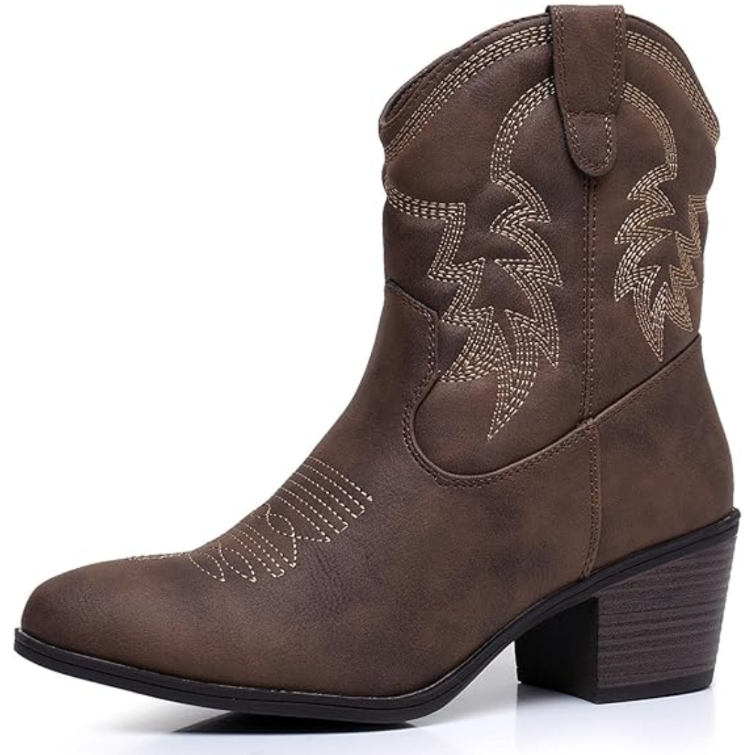 Brauner Cowboystiefel aus Leder mit Absatz, Westernstil, besticktes Design, Damenmode.