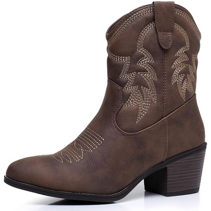 Brauner Cowboystiefel aus Leder mit Absatz, Westernstil, besticktes Design, Damenmode.