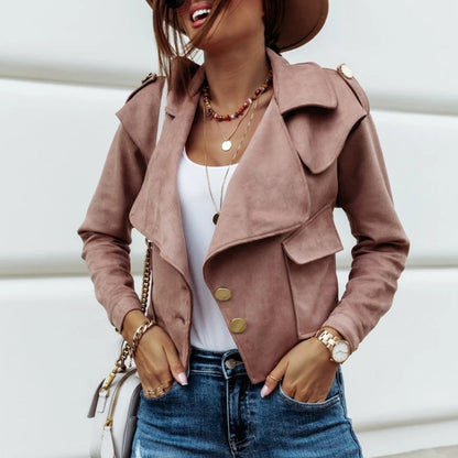 Damenjacke aus Wildleder in Beige, modisch, mit Knöpfen, ideal für Herbstmode.